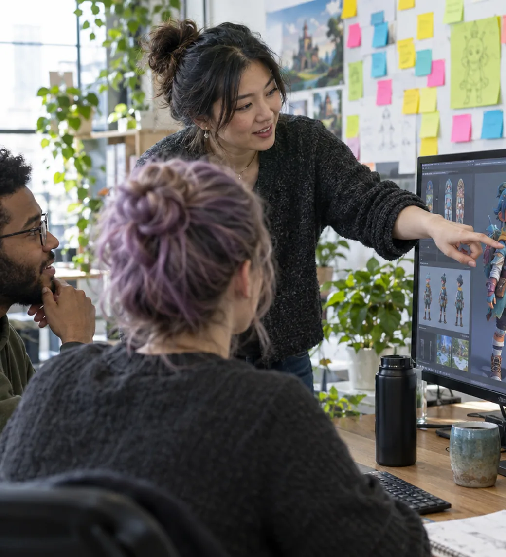 Game developers reviewing character art in the studio